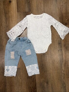 Baby Girls White Lace Bodysuit & Light Blue Denim Lace Trim Pants Matching Set
